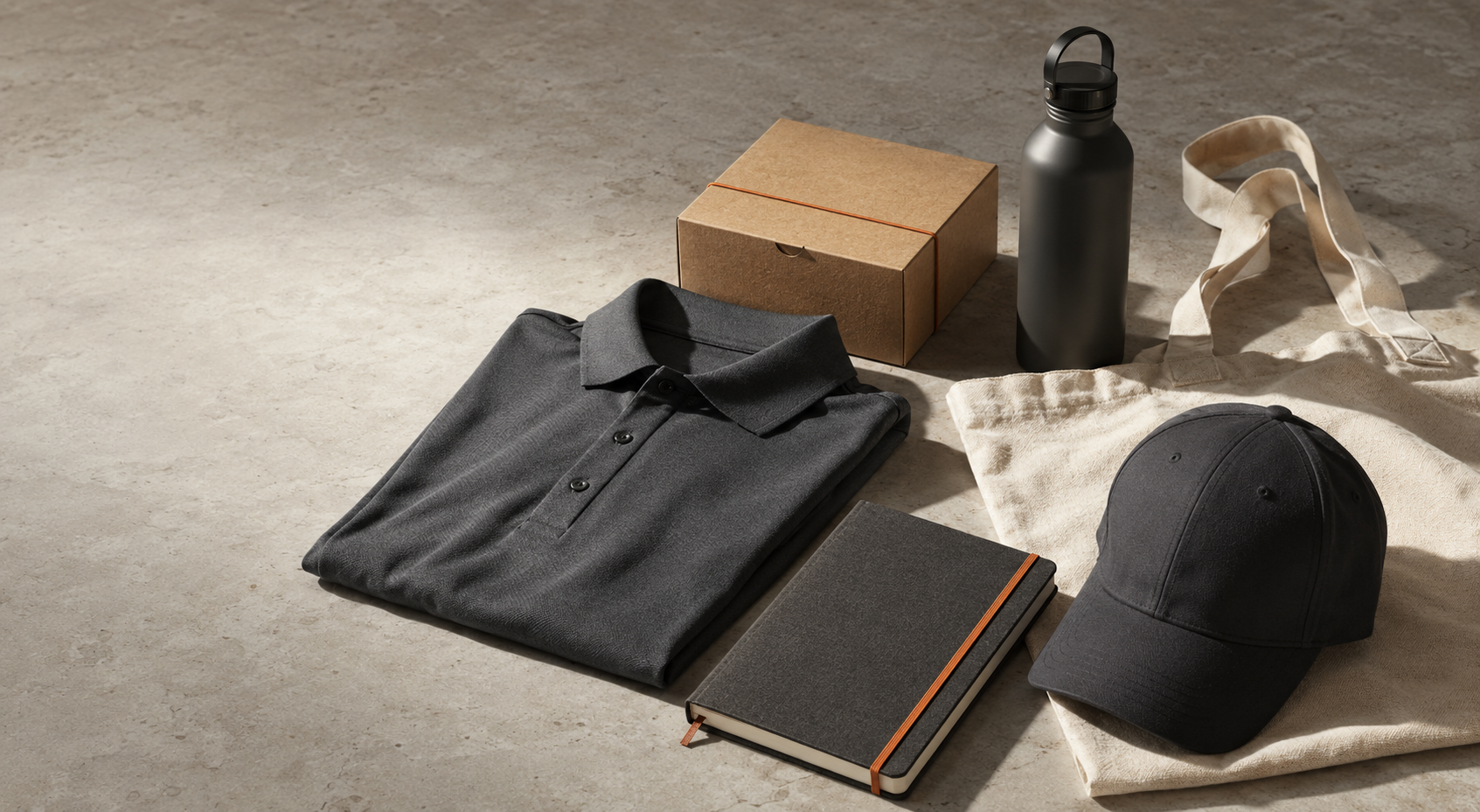 Editorial arrangement of a polo, cap, bottle, tote, notebook, and packaging for a business merchandise program